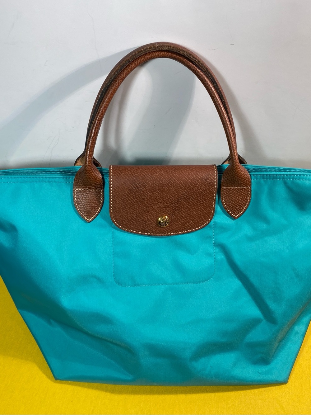 Longchamp Turquoise Tote Bag with Brown Leather Handles